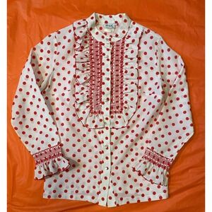 Vintage Women's Sz 12 Rhoda Lee Red & White Polka Dot Top Blouse Secretary